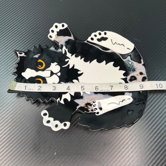 Cats by Nina Lyman Black White Ceramic Plate Platter Orange Eyes Laying on Back - Picture 8 of 11